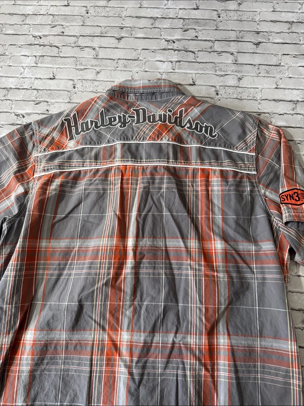 Harley Davidson men XL orange gray plaid pearl snap short sleeve button up shirt